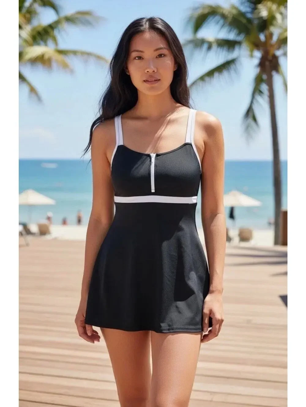NWT Lands End Swim Dress Black And White One Piece Swimsuit Zip Front SZ M 10-12 - Picture 1 of 13